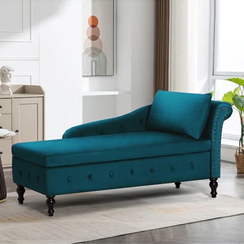 Velvet Chaise Lounge w/Right Armrest & Storage Space, Teal, view 2