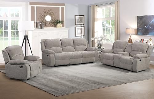 Soft Microfiber Reclining Sofa Set, Drop Down Table, Cupholder Console, Living Room Set, Sofa Loveseat Glider Chair 8018M (Light Grey, Sofa+Loveseat+Chair)
