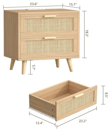 23.6" W Rattan Nightstand with Charging Station, Large Bedside Table with 2 Drawers, Wooden End Table with Solid Wood Legs, Boho Night Stand for Bedroom, Natural Oak KES009MECTG