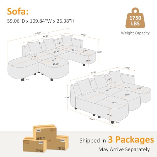 109.84" Modular Sectional Sofa with 3 Pillows, Convertible 5-Seater Comfy Boucle Cloud Couch with Ottoman, Modern Sectional Sofas for Living Room, Office, Apartment (Curry)