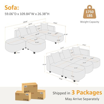 109.84" Modular Sectional Sofa with 3 Pillows, Convertible 5-Seater Comfy Boucle Cloud Couch with Ottoman, Modern Sectional Sofas for Living Room, Office, Apartment (Curry)