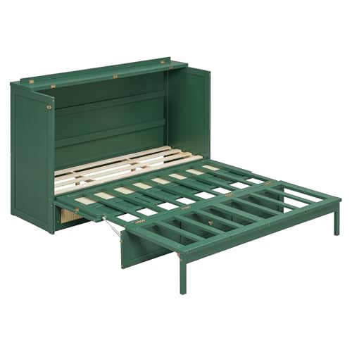 JIVOIT Queen Size Murphy Bed with Large Drawers, Solid Wood Murphy Bed Chest with Rattan Patterned Designs, Multi-Function Design for Guest Room Small Room