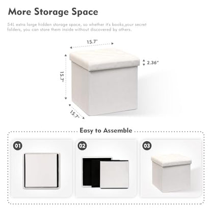 Storage Ottoman Velvet Tufted Folding Ottomans Footstool Rest Seat with Removable Lid (White, Medium)