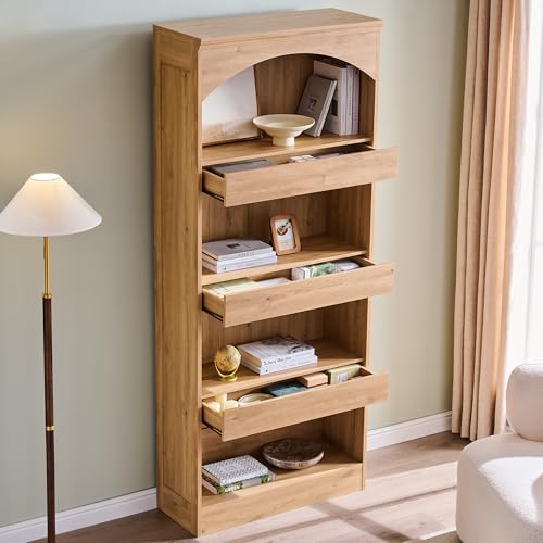 76" Tall Arched Bookcase with 1PC Magnetic Lock Drawer, Modern Wooden Arch Bookshelf w/3 Pull-Out Drawers, Farmhouse 4 Tiers Book Shelf w/Open Shelves for Living Room, Office (Natural)
