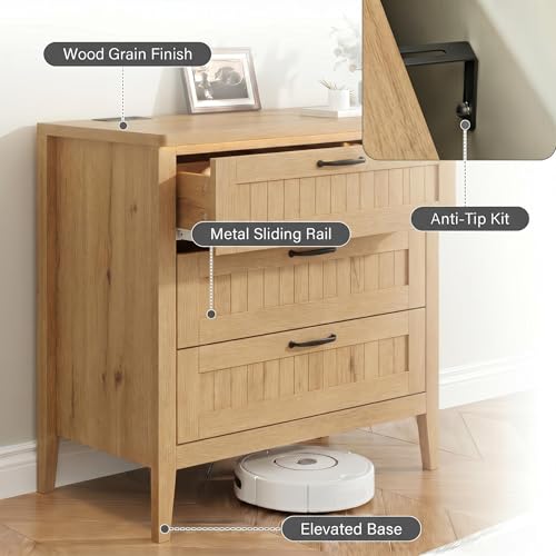 3 Dresser Drawer for Bedroom, 27.6" Wide Wood Bedside Table for Bedroom, Modern Farmhouse Night Stand with Smart RGB Light Strip, Power Outlet, Metal Slides, Anti-Tip Kit, Wood
