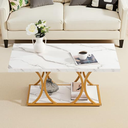 Coffee Table, Modern Faux Marble Coffee Table, Large 2-Tier Rectangle Center Desk with Geometric Legs, Minimalist Sturdy Metal Frame Accent End Desk for Living Room, Office, Easy Assembly, White