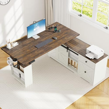63" Farmhouse L Shaped Electric Standing Desk with Sliding Door Storage, Height Adjustable Sit Stand Corner Computer Desk with Power Outlets, Drawers & Cup Holder for Home Office, White