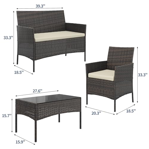 4 Piece Patio Furniture Set, Outdoor Deck Rattan Chair Wicker Combo Furniture, All Weather Dialogue Rattan Sofa with Upholstery and Glass Table for Garden, Backyard, Porch, Lawn, Pool, Brown+White