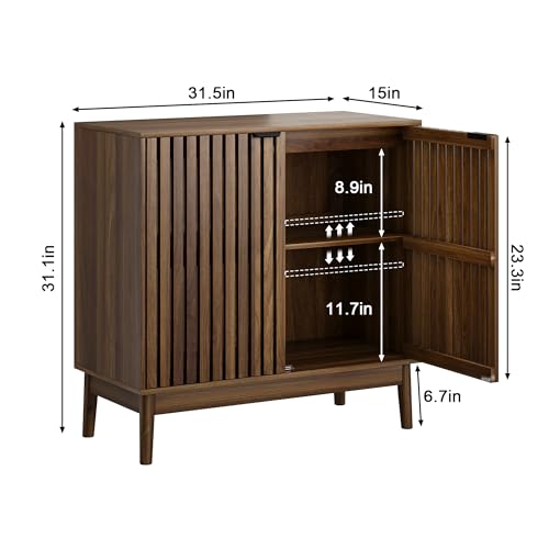 Sideboard Buffet Cabinet with Storage, Freestanding Kitchen Storage Cabinet with 2 Slatted Doors and Adjustable Shelves, Wooden Cupboard for Kitchen, Entryway (Slatted Door Walnut)
