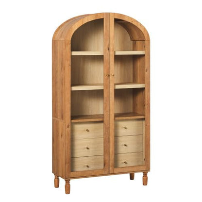 Darci Modern Arched Bookshelf Cabinet with Full-Length Glass Doors and Inner Drawers, 74 Inch, English Oak
