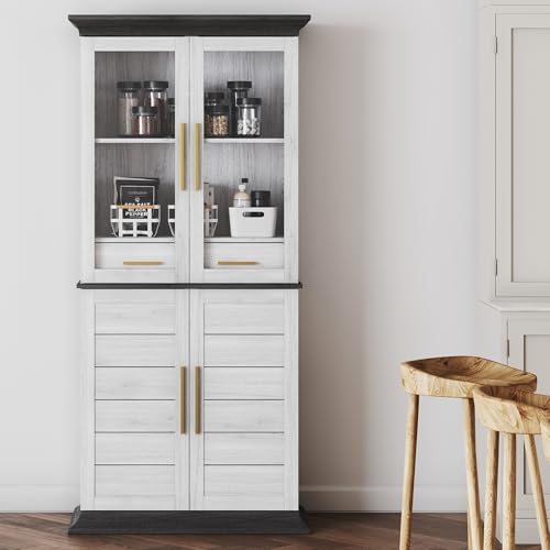 72" High Storage Cabinet with Adjustable Shelves and Drawers, Freestanding Cabinet with Ample Storage Space for Kitchen, Dining & Living Room - White