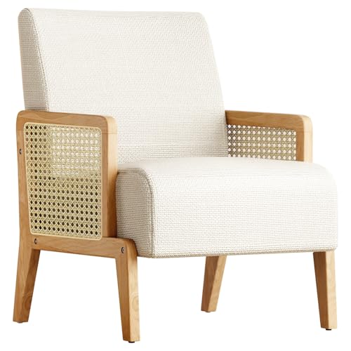 Modern Accent Chair with Rattan Armrest, Linen Fabric Arm Chair with Ash Wood Legs, White Accent Chair for Living Room, Bedroom, Balcony