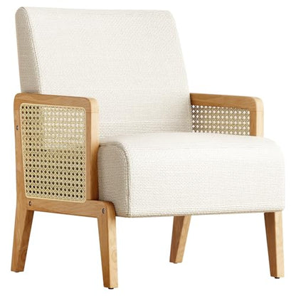 Modern Accent Chair with Rattan Armrest, Linen Fabric Arm Chair with Ash Wood Legs, White Accent Chair for Living Room, Bedroom, Balcony