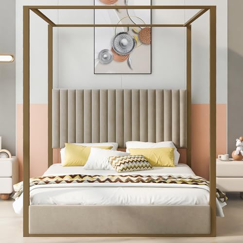 Modern 4-Poster Canopy Platform Bed Queen Size with Channel Upholstery Tufted, view 5