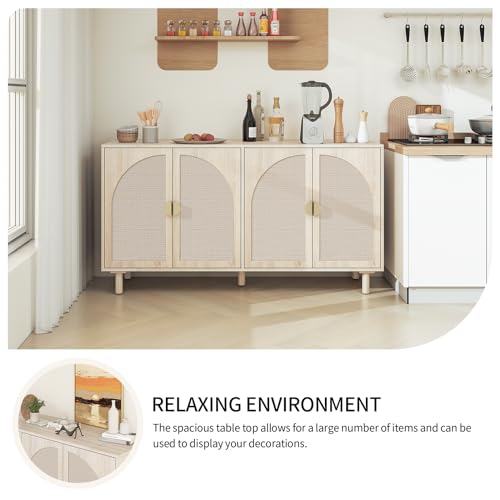 Sideboard Buffet Cabinet with Storage - Rattan 4 Door Cabinet, Accent Storage Cabinet with Cane Door, Boho Wood Credenza for Living Room, Kitchen (Beige)