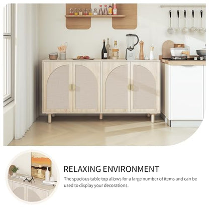 Sideboard Buffet Cabinet with Storage - Rattan 4 Door Cabinet, Accent Storage Cabinet with Cane Door, Boho Wood Credenza for Living Room, Kitchen (Beige)
