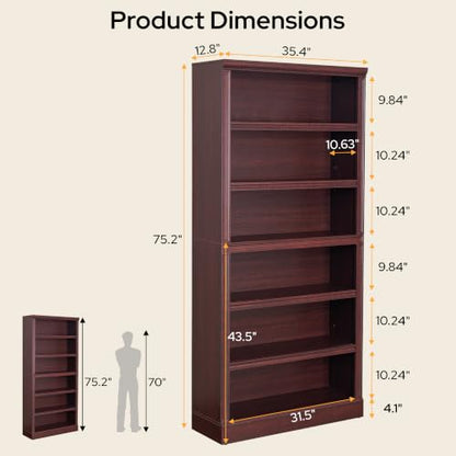 75.2" Tall Bookshelf, 6-Tier Farmhouse Open Bookcase Cherry, view 3