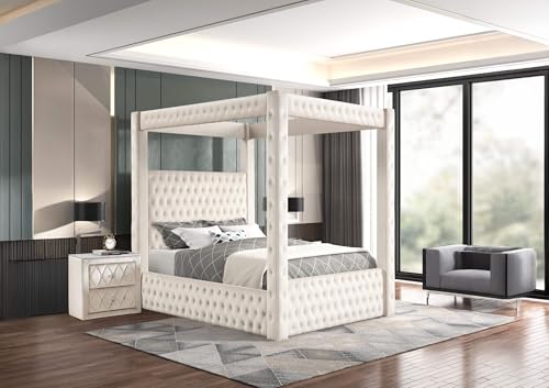 Velvet Canopy Bed Frame Queen - Upholstered Four Poster Bed Frame with Tufted Headboard and Footboard, Luxury Bed Frame with Wood Slats for Bedroom Furniture, Box Spring Required, Ivory