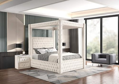 Velvet Canopy Bed Frame Queen - Upholstered Four Poster Bed Frame with Tufted Headboard and Footboard, Luxury Bed Frame with Wood Slats for Bedroom Furniture, Box Spring Required, Ivory