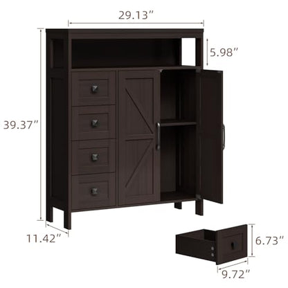 Farmhouse Storage Cabinet with 2 Doors and 4 Drawers, Freestanding Bathroom Compartment Kitchen Pantry Cabinet, Floor Cupboard for Kitchen/Living Room/Bathroom, Espresso