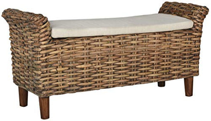SAFAVIEH Furniture - Palermo Bench - White & Brown - Mango Wood - Coastal Woven Design - Ideal for Entryway, Bedroom, Living Room (FOX6533A)