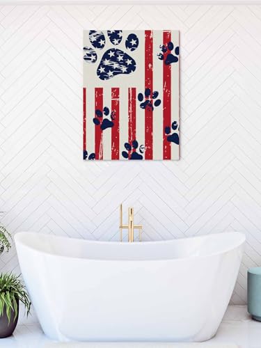 NuYeBiofx Retro Paw Prints Red Stripe Burlap Canvas Wall Art Prints,48"x32" Framed Picture Artwork 4th of July Patriotic Flag Printed Canvas Oil Painting for Living Room Bedroom Office,Ready to Hang