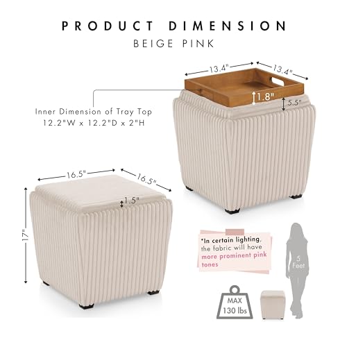 Lennox Modern Chenille 17-inch Square Storage Ottoman with Reversible Tray Top, Upholstered Footstool for Living Room, Bedroom, Entryway, Beige Pink