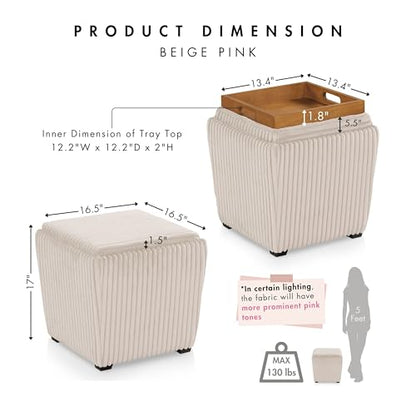 Lennox Modern Chenille 17-inch Square Storage Ottoman with Reversible Tray Top, Upholstered Footstool for Living Room, Bedroom, Entryway, Beige Pink