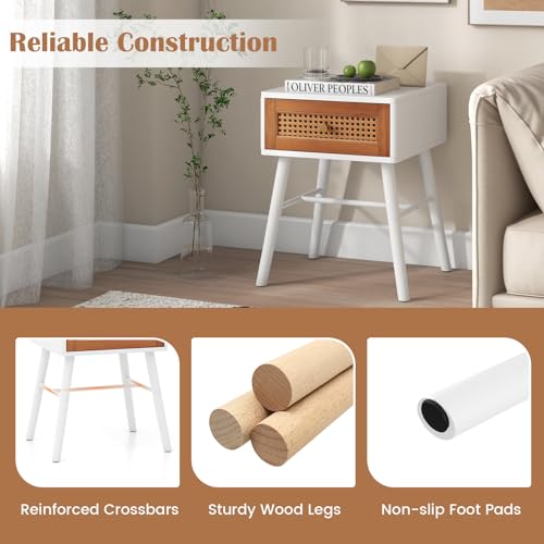 Rattan Nightstand Set of 2, Mid Century Modern End Table with Handwoven Rattan Decorated Drawer, Bedside Table with Solid Wood Legs for Bedroom and Living Room, Boho Night Stand, White