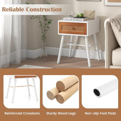 Rattan Nightstand Set of 2, Mid Century Modern End Table with Handwoven Rattan Decorated Drawer, Bedside Table with Solid Wood Legs for Bedroom and Living Room, Boho Night Stand, White