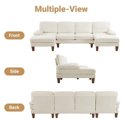 110" Sectional Couches for Living Room,U Shaped Couch with Double Chaise, 4-Seat Sofa Set with Chenille Fabric for Home Furniture,Beige