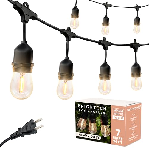 Ambience Pro LED String Lights - 24 Ft Commercial Grade Patio Lighting Outdoor Waterproof - 7 Heavy Duty Porch Lights for Outside, Christmas, Backyard - 1W Vintage Edison Bulbs, Dimmable