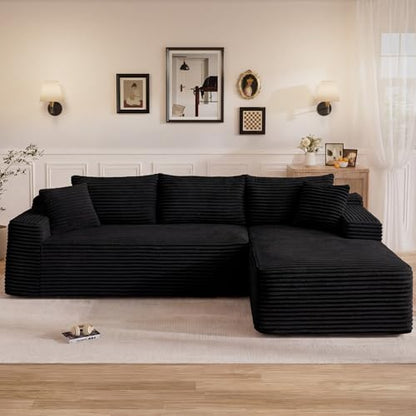 95" L Shaped Cloud Boneless Sectional Couches for Living Room, Modern Comfy Modular Deep Seat Memory Foam Compressed Corduroy Sofa Oversized Right Facing Chaise, No Assembly Required, Balck