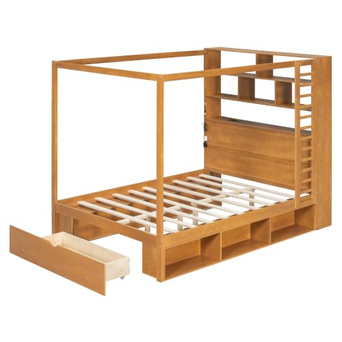 LUMISOL Full Size Canopy Bed with Storage Drawer & LED Bookcase, Walnut, view 7