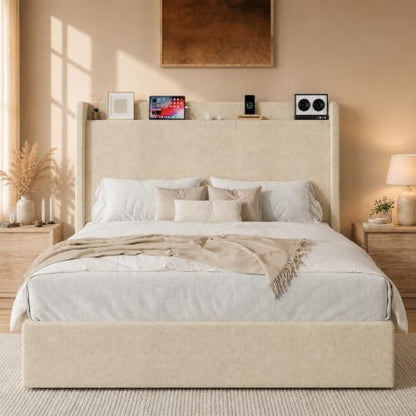Queen Bed Frame Greige Chenille Storage, view 2