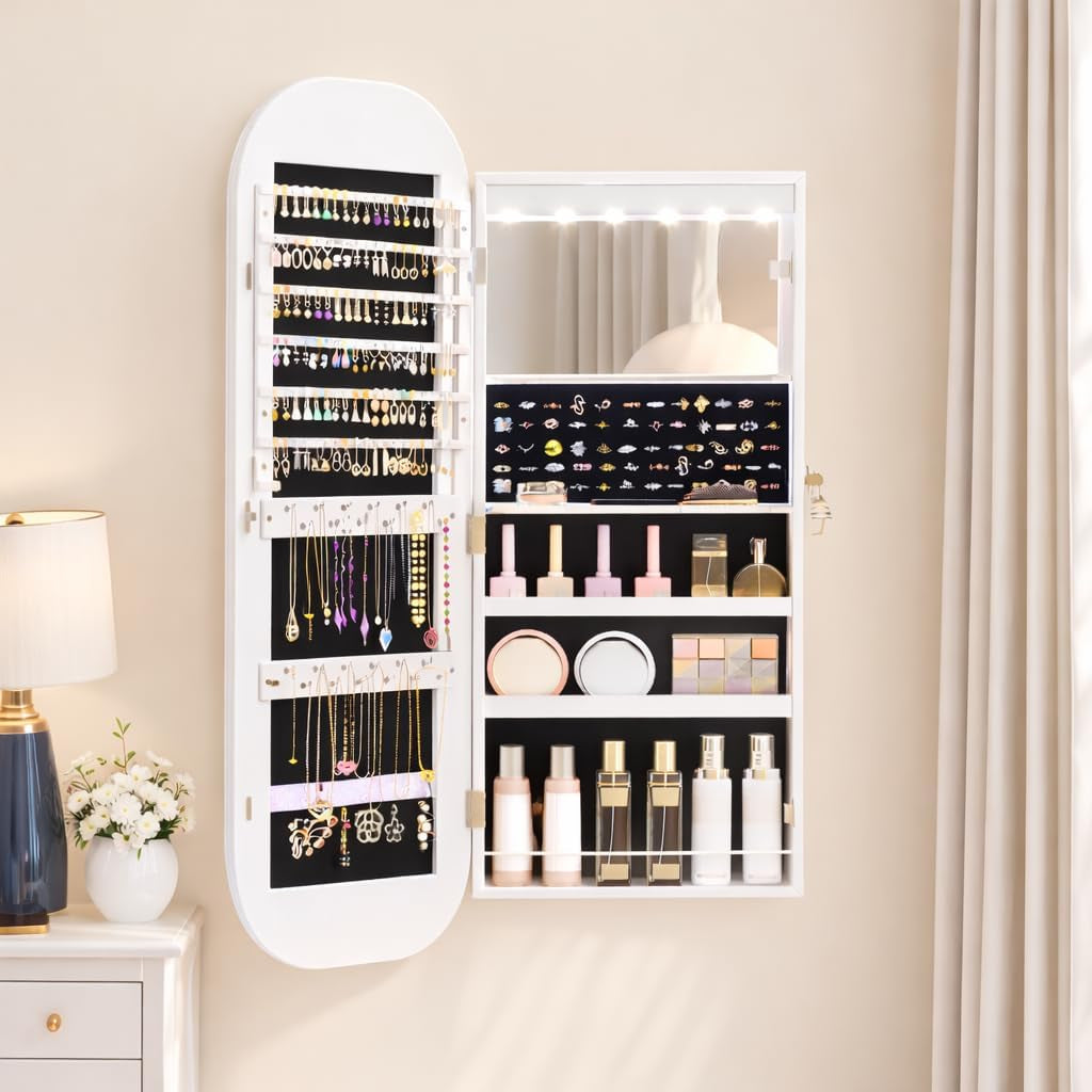 LED Lights Mirror Jewelry Cabinet, Wall Mount/Over the Door Jewelry Armoire Organizer, 42" Full Length Mirror with Storage, Built-In Makeup Mirror, Lockable Mirror Cabinet for Jewelry, White