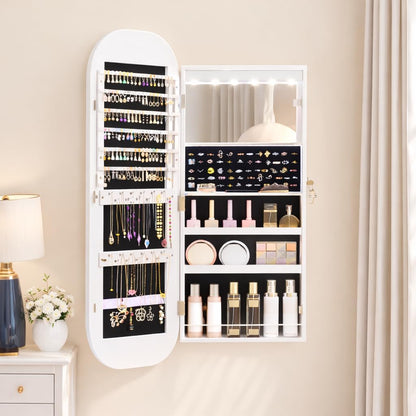 LED Lights Mirror Jewelry Cabinet, Wall Mount/Over the Door Jewelry Armoire Organizer, 42" Full Length Mirror with Storage, Built-In Makeup Mirror, Lockable Mirror Cabinet for Jewelry, White