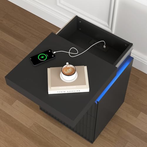 (Set of 2) End Table with Fast USB C Charging Station, Sofa Side Table with 2 Drawers and LED Lights, Large Storage Modern Wood Storage Cabinet for Living Room,Bedroom,Office, Black