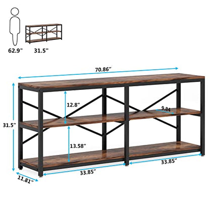 Tribesigns 70.9 Inch Extra Long Console Table, Modern Sofa Table Behind Couch Table with Storage Shelves, 3-Tier Industrial Hallway Entryway Table for Living Room, 3 Shelf Bookshelf(Brown)