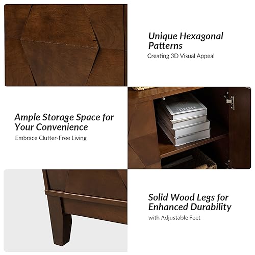 Modern Kitchen Buffet Cabinet Storage Sideboard with 3D Geometric Design, Freestanding Floor Cabinet with 3 Doors & 2 Adjustable Interior Shelves for Living Room Dining Room Hallway,Walnut