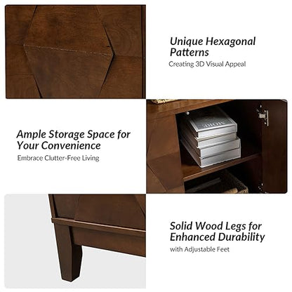 Modern Kitchen Buffet Cabinet Storage Sideboard with 3D Geometric Design, Freestanding Floor Cabinet with 3 Doors & 2 Adjustable Interior Shelves for Living Room Dining Room Hallway,Walnut