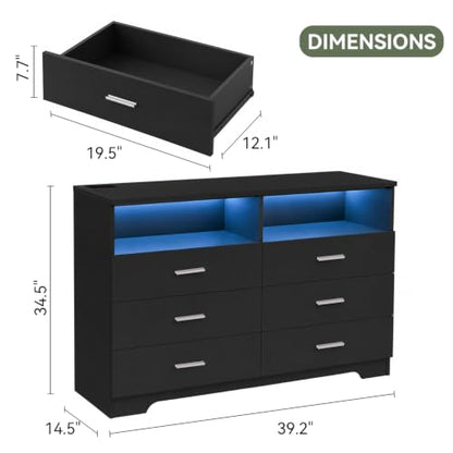 6 Drawer Dresser with Power Outlets and LED Wooden Chest of Drawers with Large, view 3