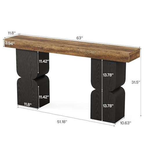 Large Console Table, 63-Inch Heavy-Duty Look, Behind Couch Sofa Table, Color Blocking Design, Bold Structural Presence, Modern Entryway Furniture for Living Room, Hallway, Foyer, Brown + Black
