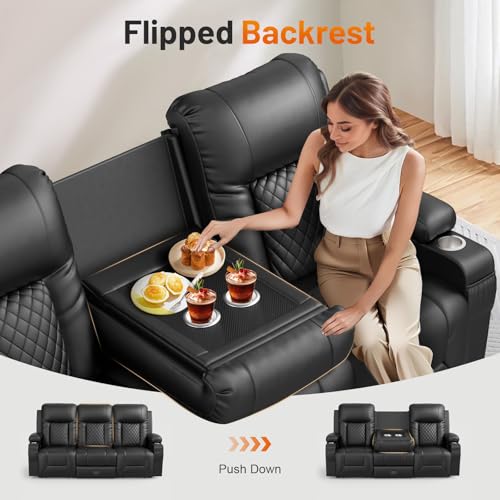 Recliner Sofa, 4 Seater Dual Reclining Sofa with Flip Back Console, Modern PU Leather Recliner Couch for Living Room/RV, with Storage Drawer, USB Ports, Cup Holder, Cell Phone Holder, Black