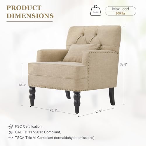 Tufted Club Chair Set of 2 with Lumbar Pillow,Accent Chair Upholstered Button Armchair, Linen Fabric Sofa Chairs for Bedroom, Living Room, Mid Century Modern Reading Chair,Brown