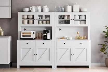 Kitchen Pantry Cabinet with Microwave Stand, Freestanding Hutch Cabinet with Buffet Cupboard, Tall Kitchen Cabinets with Adjustable Shelves for Dining Room, White