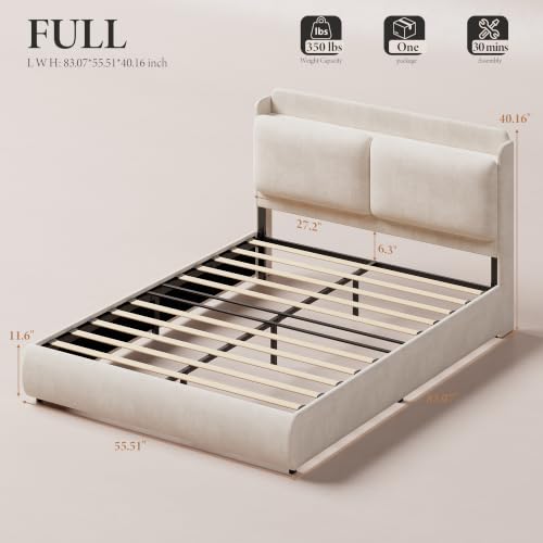 Chenille Fabric Full Size Bed Frame with Recessed Shelf- Beige, view 3