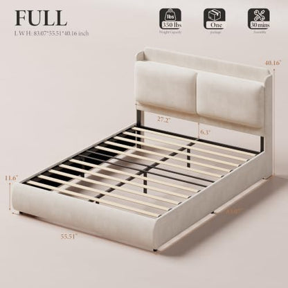 Chenille Fabric Full Size Bed Frame with Recessed Shelf- Beige, view 3