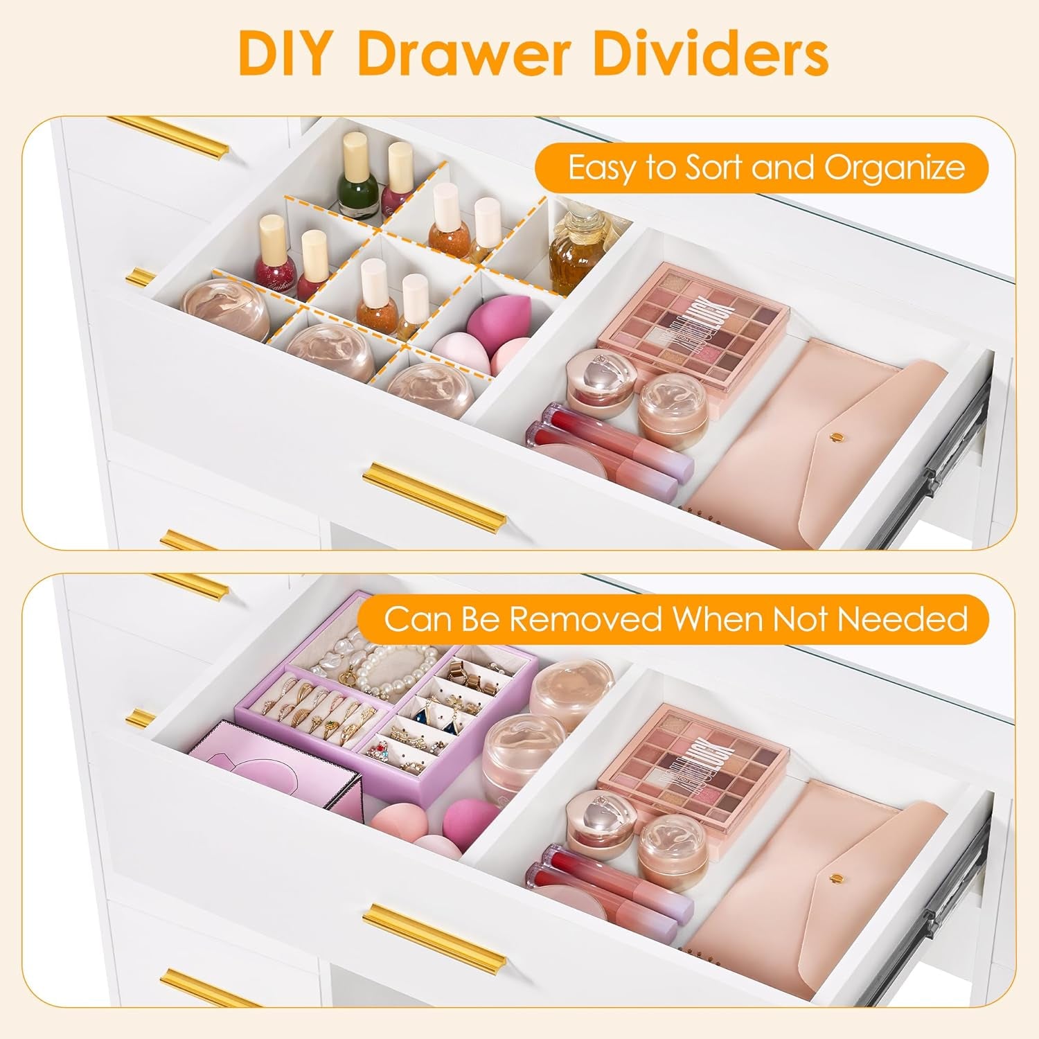 49.2" Large Vanity Desk with Mirror and Lights White Makeup Vanity Desk with Glass Top and Power Outlet 8 Drawers Nightstand 5 Hooks Vanity Table with Stool for Bedroom Women Girls UBDT88W