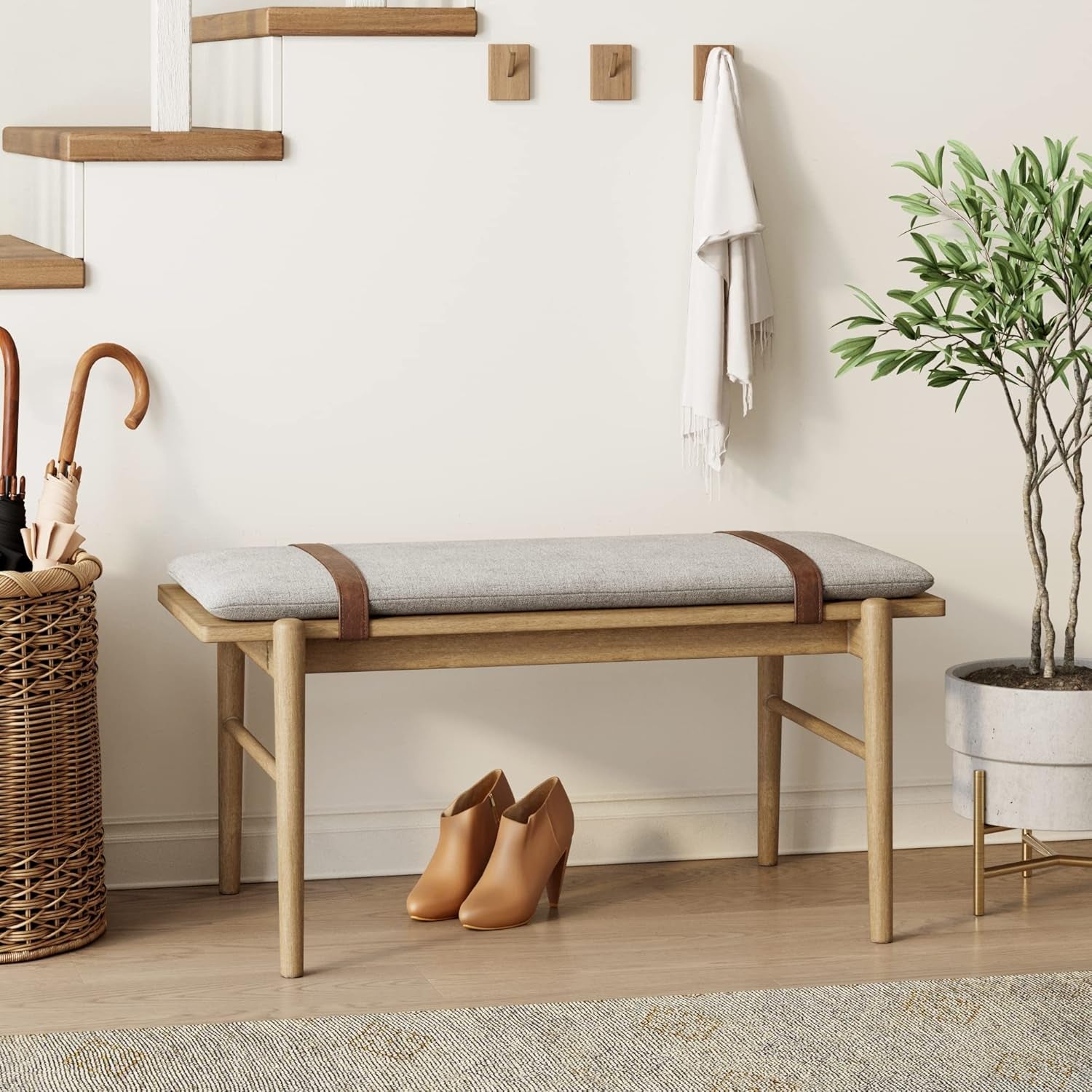 Gugan Mid-Century Wood Entryway Bench Seat, Queen Gray Fabric Wall Mount Hanging Headboard with Brown Faux Leather Straps